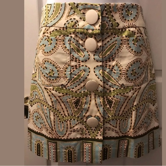 J. CREW Trastevere Paisley Skirt Button Front Mini Aqua Blue Green Ivory A-Line - Picture 1 of 5